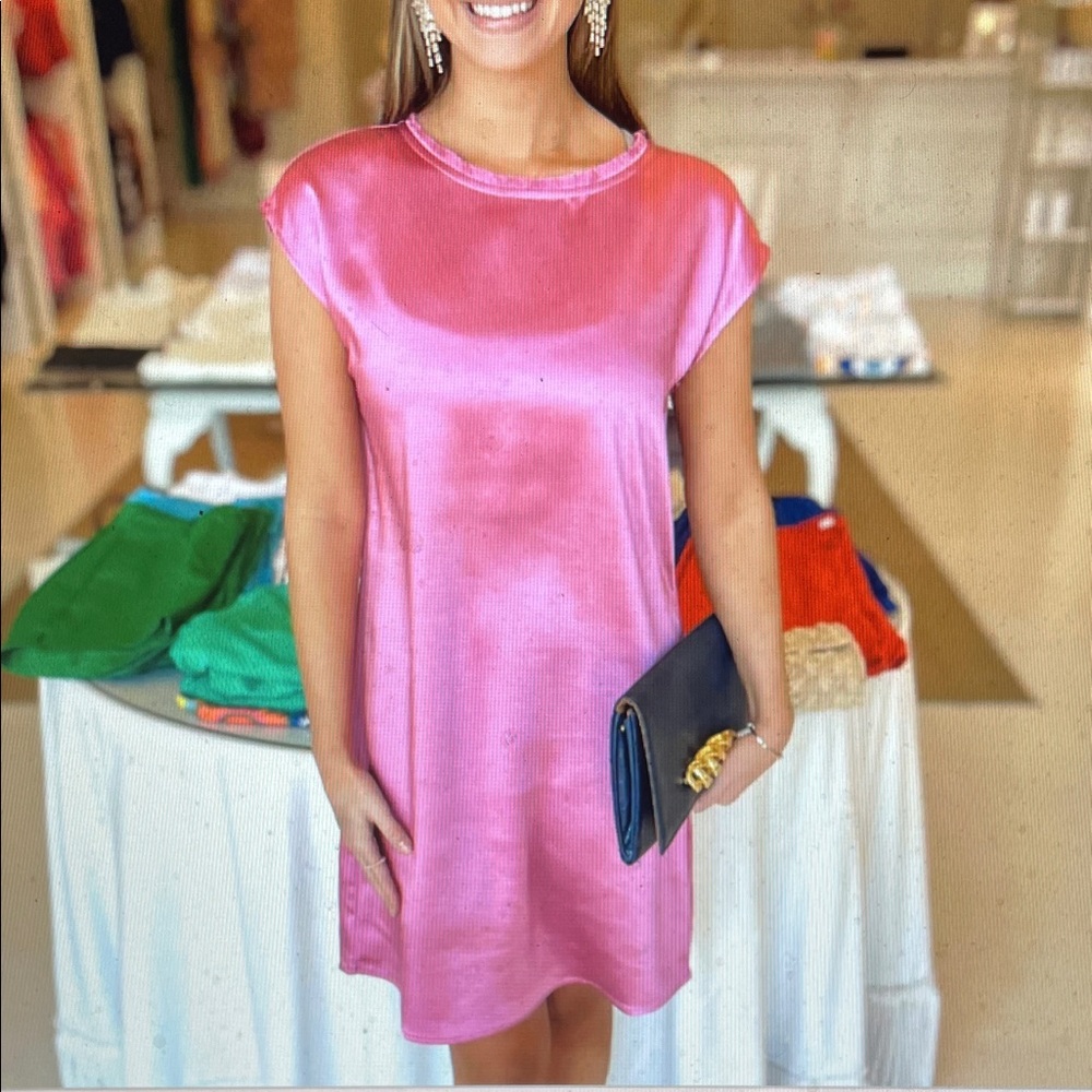Melissa Nepton Peach Satin cap sleeve Dress with frayed collar